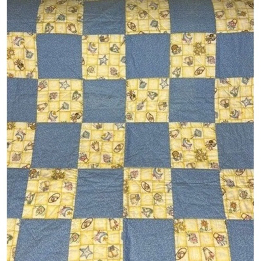 Handmade Patchwork Baby Quilt Birdhouse Garden Blue Pink 35x40 Nursery Blanket